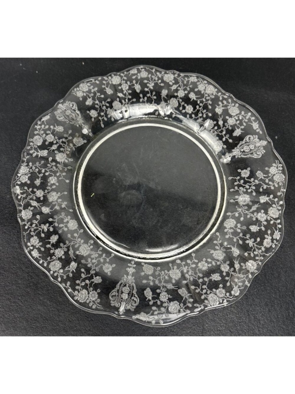 Cambridge Plate Rose Point Etched Glass Elegant Floral 8" Scalloped Edge